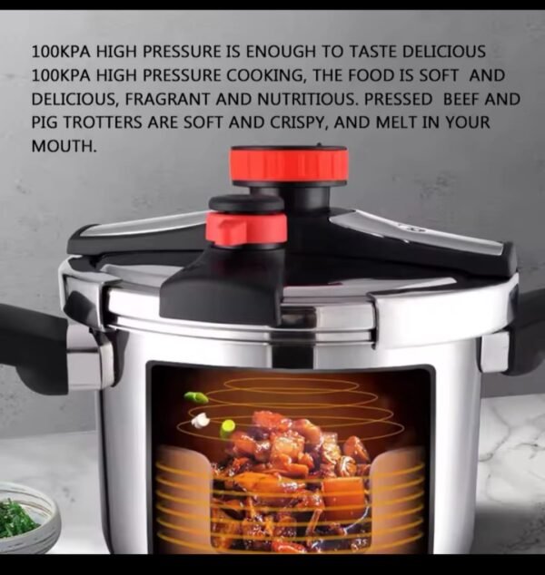 Premium stainless steel pressure cooker available in 8L and 10L capacities with secure locking lid