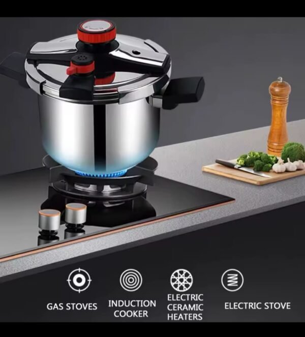 Premium stainless steel pressure cooker available in 8L and 10L capacities with secure locking lid