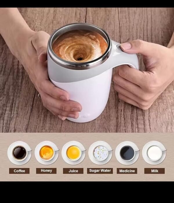 Rechargeable self-stirring mug with 304 stainless steel interior and one-touch magnetic mixing