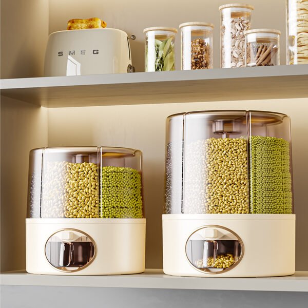 Rotating multi-compartment grain storage dispenser with airtight lid and one-touch dispensing system