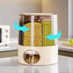 Rotating multi-compartment grain storage dispenser with airtight lid and one-touch dispensing system