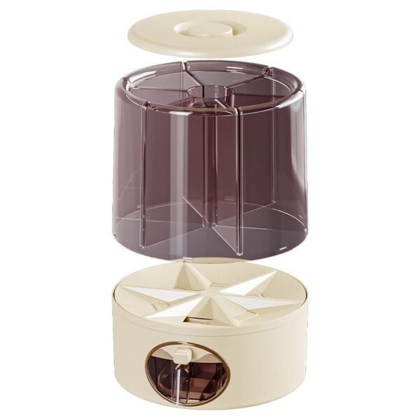 Rotating multi-compartment grain storage dispenser with airtight lid and one-touch dispensing system