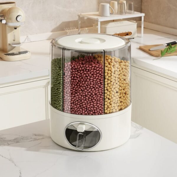 Rotating multi-compartment grain storage dispenser with airtight lid and one-touch dispensing system