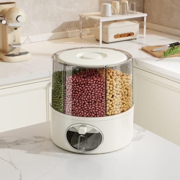 Rotating multi-compartment grain storage dispenser with airtight lid and one-touch dispensing system