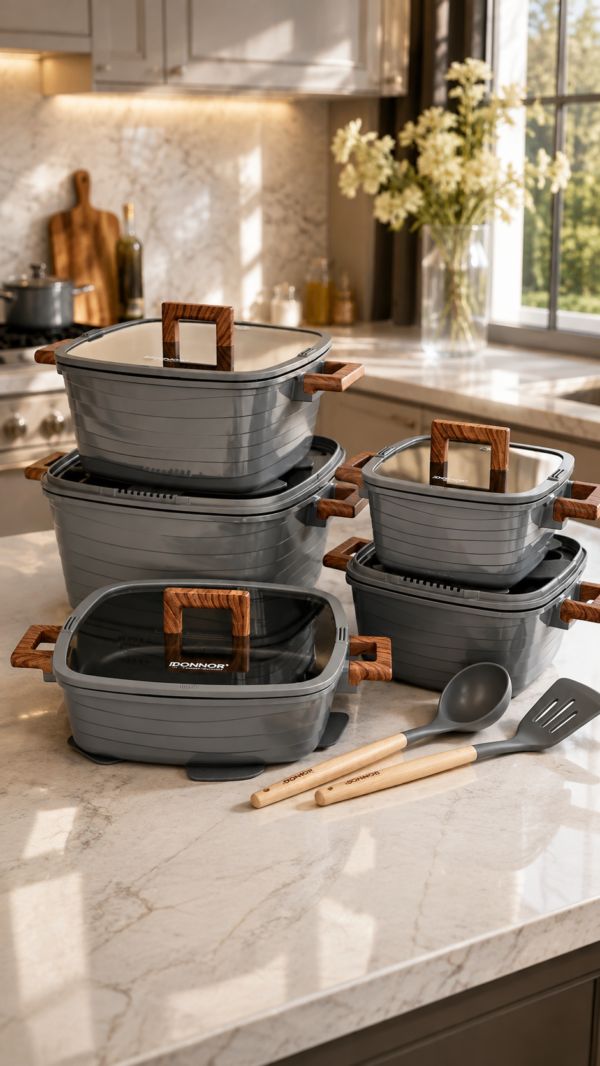 DONNOR 15-Piece Premium Square Granite Non-Stick Cookware Set