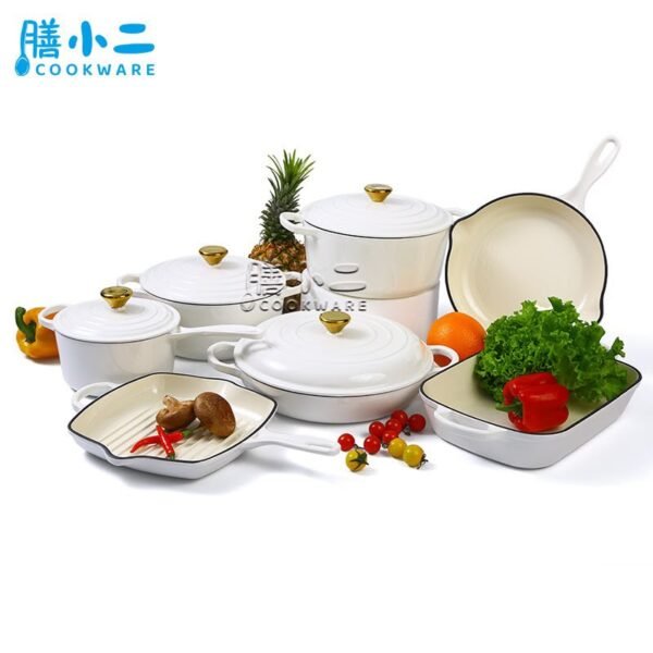 11-piece enamelled cast-iron cookware set with casserole pots, grill pan, roasting pan and covers