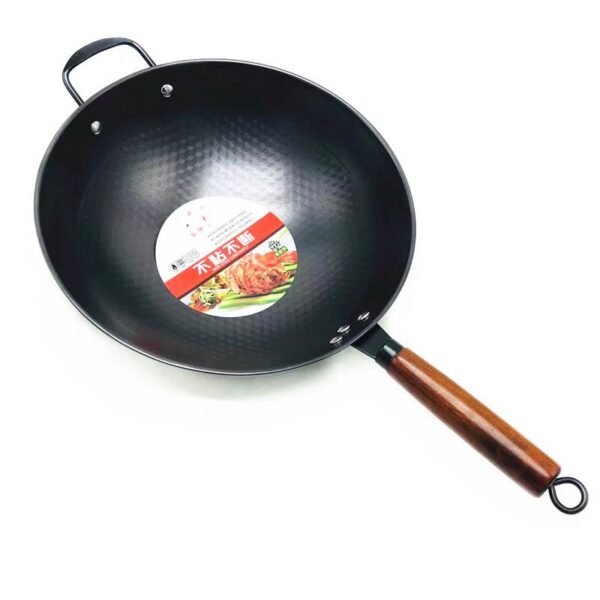 32 cm honeycomb-textured iron wok with wooden handle