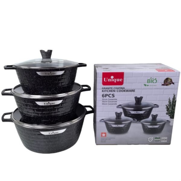 6-piece granite non-stick casserole cookware set with three pots and glass lids