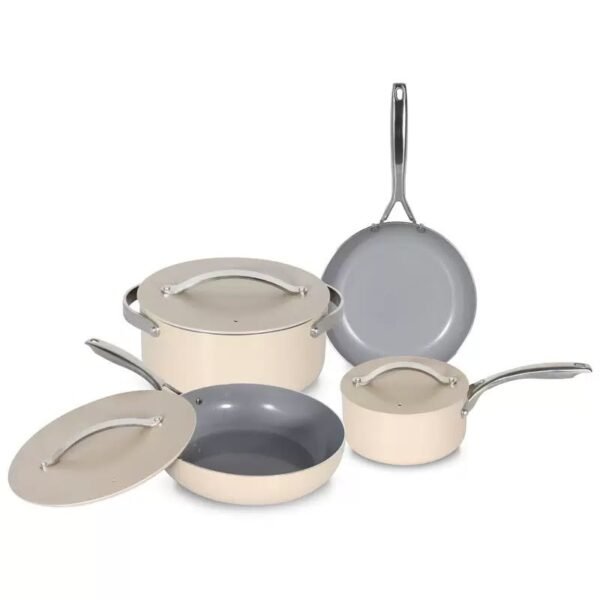 7-piece ceramic non-stick cookware set with stockpot, saucepan, sauté pan and frying pan