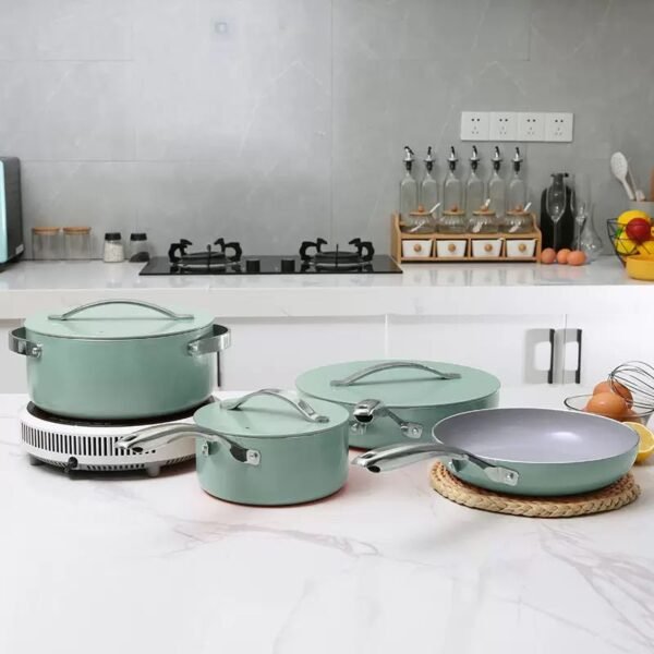 7-piece ceramic non-stick cookware set with stockpot, saucepan, sauté pan and frying pan