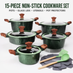 DONNOR Crown Series 15-piece green non-stick aluminium cookware set with five pots and pans, glass lids and utensils.
