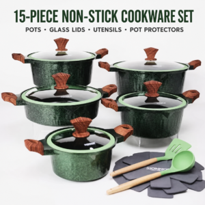 DONNOR Crown Series 15-piece green non-stick aluminium cookware set with five pots and pans, glass lids and utensils.