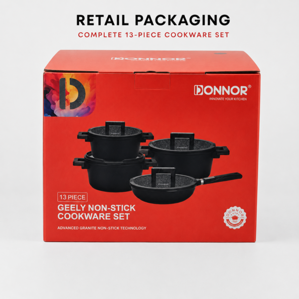 DONNOR Geely 13-piece grey non-stick cookware set and silicone-rimmed lids.