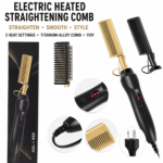 Black 2-in-1 electric hot comb hair straightener and curler with indicator lights and rotating power cord.